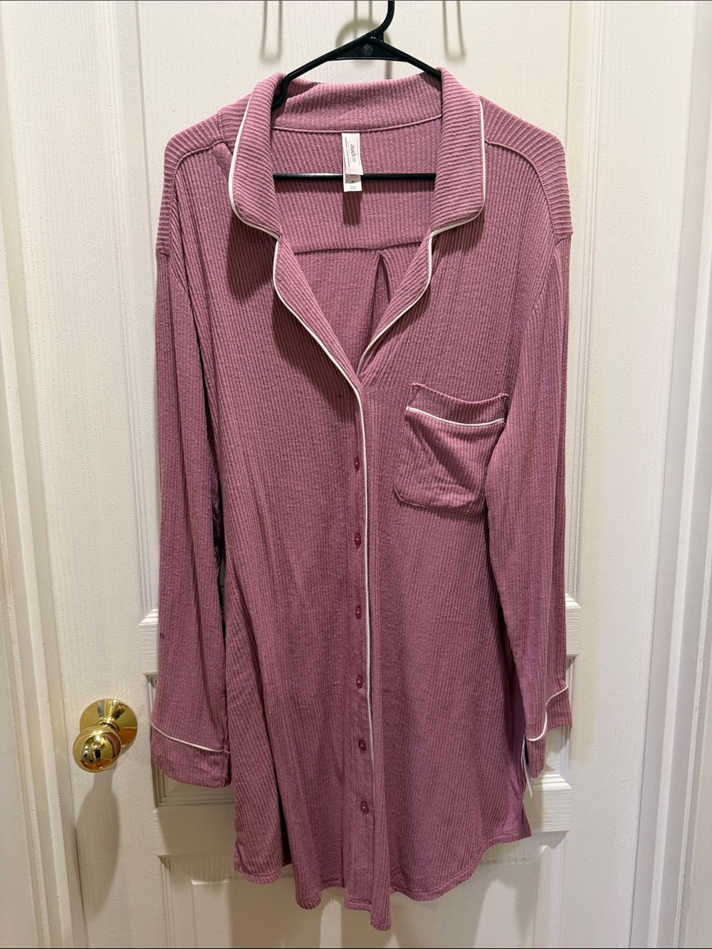 Auden Rose Pink Waffle-Knit Long-Sleeve Sleep Shirt with Contrast Piping